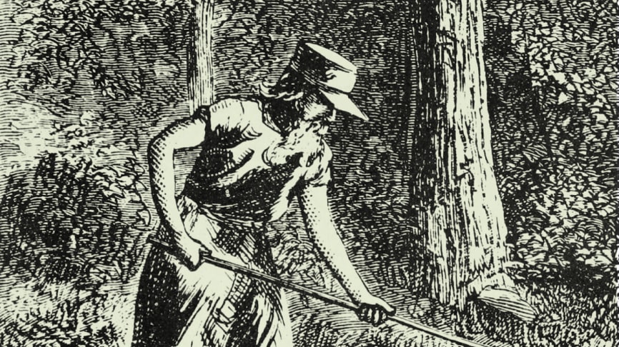 An black and white illustration of a man named Johnny Appleseed hoeing the ground to plant apples.