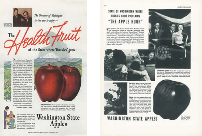 Dos ejemplos de anuncios de revistas de Apple de la década de 1930. Uno se titula "El fruto de la salud del estado donde crecen los 'Huskies'" y el otro se titula "El estado de Washington donde crecen los Huskies proclama 'La hora de la manzana'"