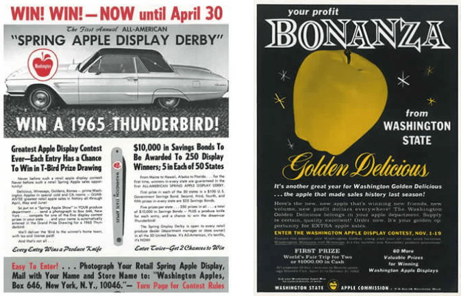 Dos anuncios en revistas de la década de 1960. Izquierda: una rifa para ganar un Thunderbird de 1965. Derecha: anuncio de una "bonanza de beneficios"