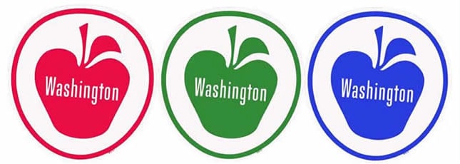 原始華盛頓蘋果標誌的紅色、綠色和藍色版本：一個圓圈，裡面有一個蘋果的輪廓和“Washingotn”這個詞