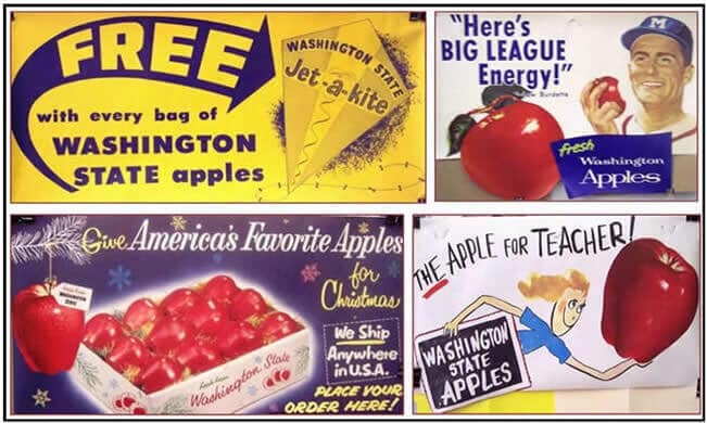 Four vintage illustrated apple magazine adds. The first says "Washington state jet-a-kite free with every bag of Washington apples." The second is of a baseball player eating an apple captioned "Here's big league energy!" The third is of a box of red apples captioned "Give America's Favorite Apples for Christmas." The fourth is of a kid's drawing of a person holding up a giant red apple captioned 'The apple for teacher!"