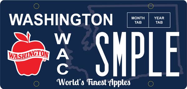 Blue license plate with red Washington Apple Commission logo and sample letters